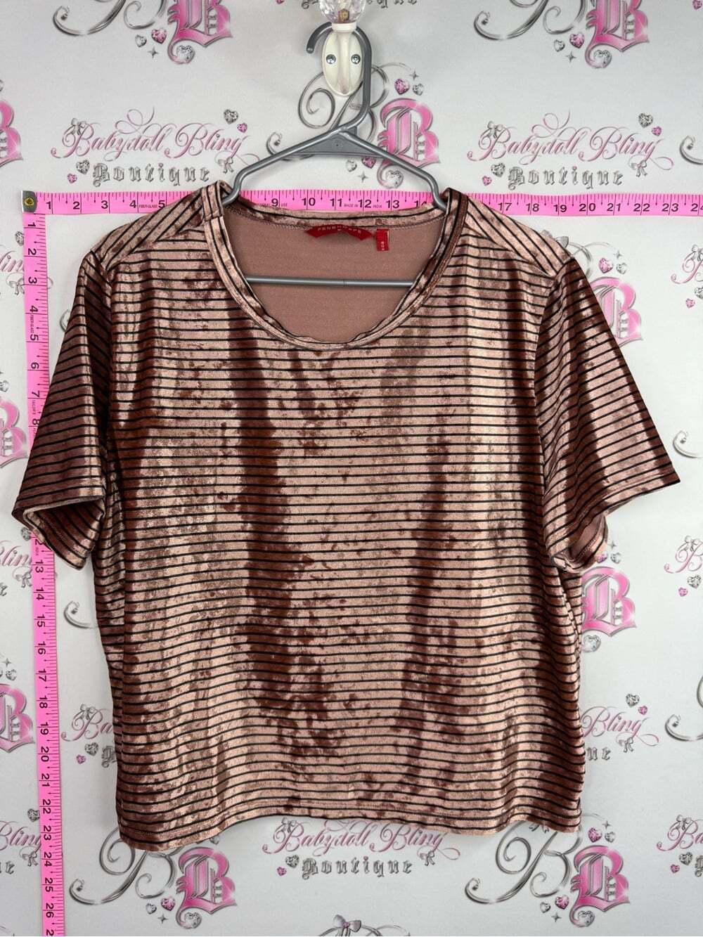 PENSHOPPE tshirt velour shiny Short Sleeve Shimmer Stripe Tee - Pink